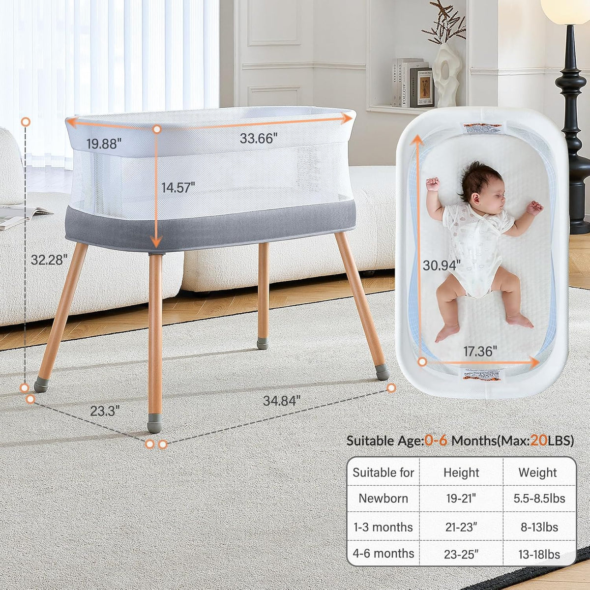 Electric Bassinet for Baby 3 Rocking Speeds, Auto Bedside Sleeper with 8 Soothing Music, Rocking