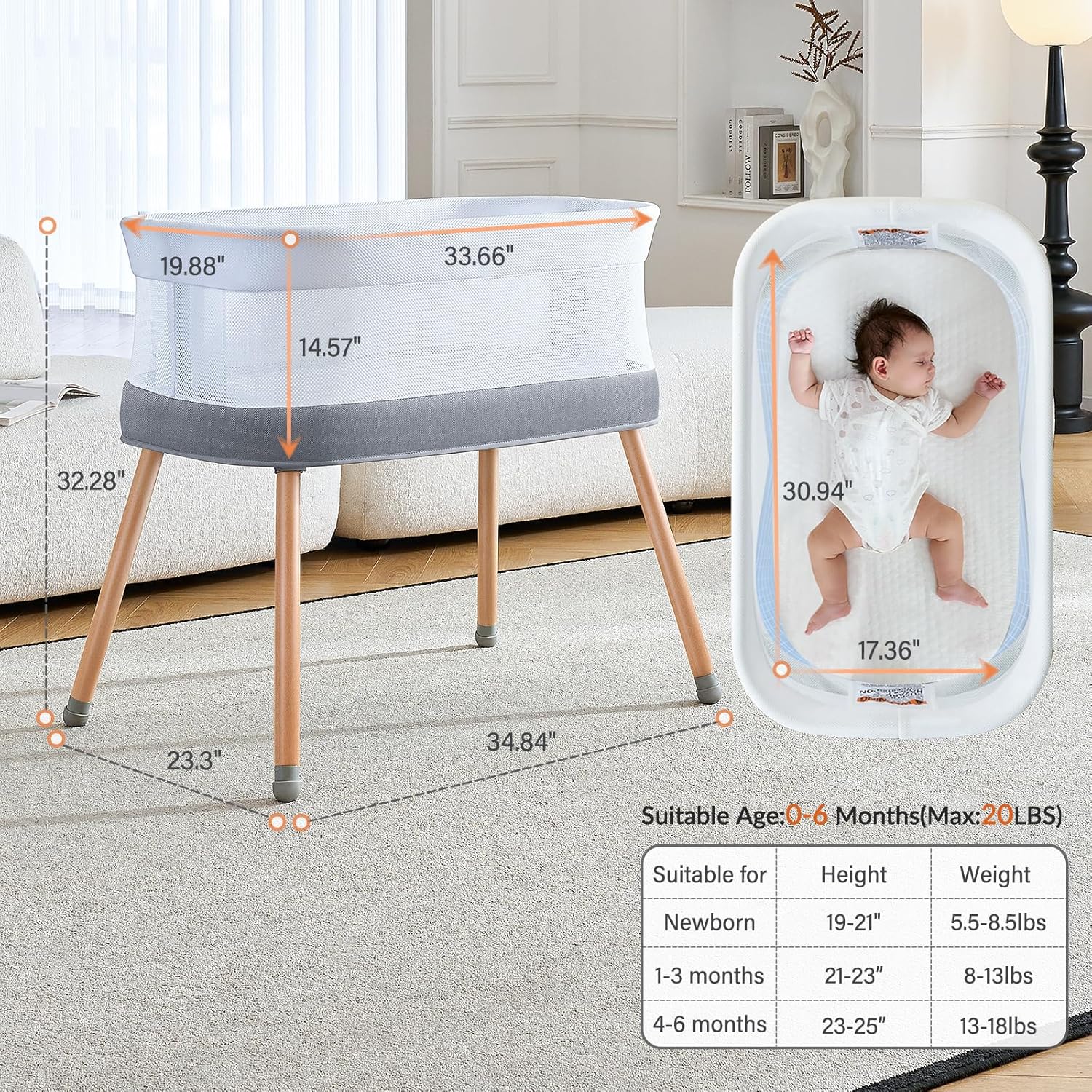 Electric Bassinet for Baby 3 Rocking Speeds, Auto Bedside Sleeper with 8 Soothing Music, Rocking