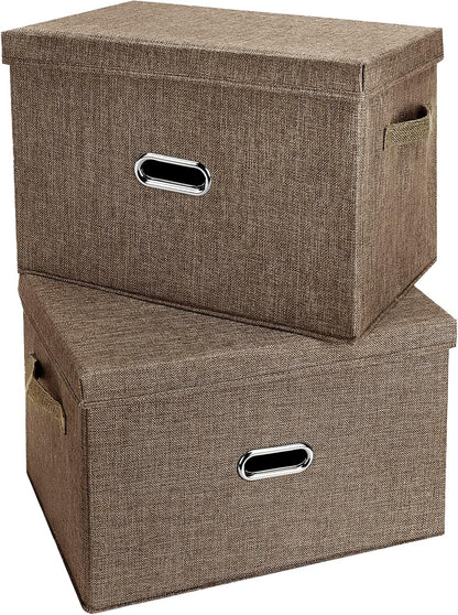 Large Linen Fabric Foldable Storage Bins with Removable Lid and Handles, Washable Storage Box