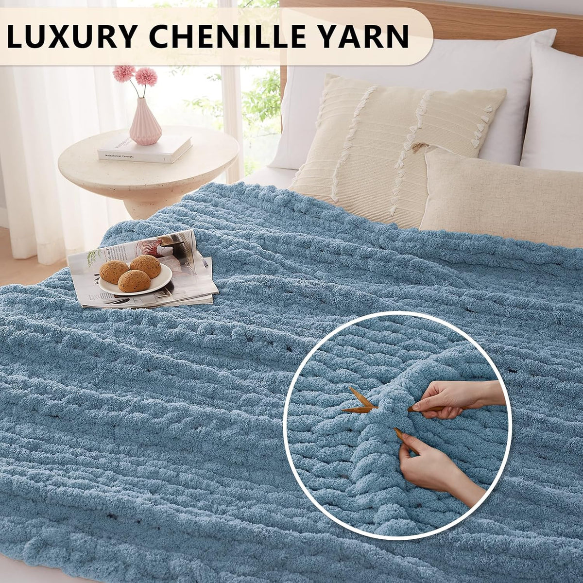 L'AGRATY Chunky Knit Blanket Throw: 50''x60'' Chenille Chunky Knitted Throw Blanket for Bed Couch