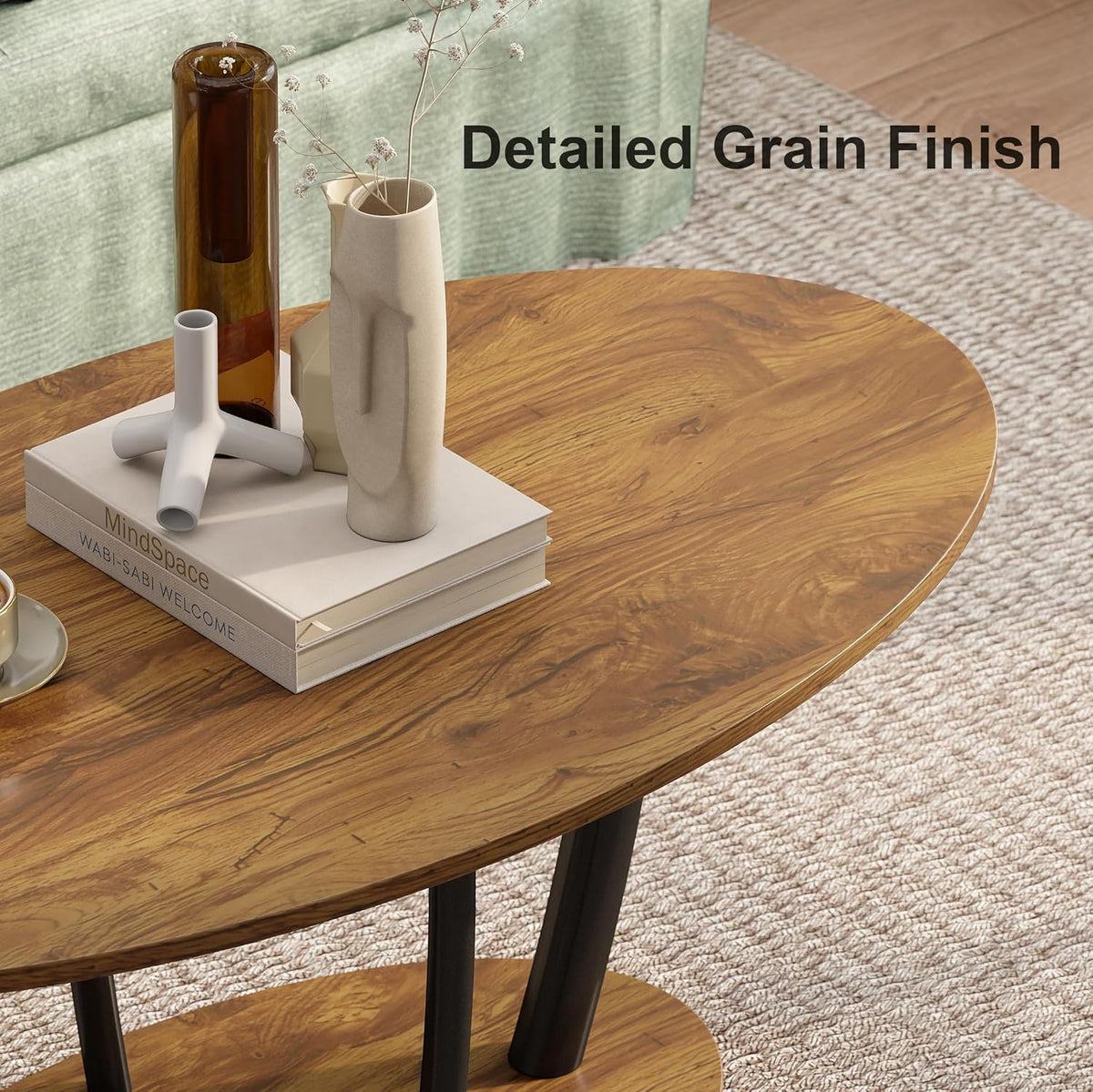 Manora Small Oval Coffee Table with Storage, Farmhouse Industrial Center Table for Living Room