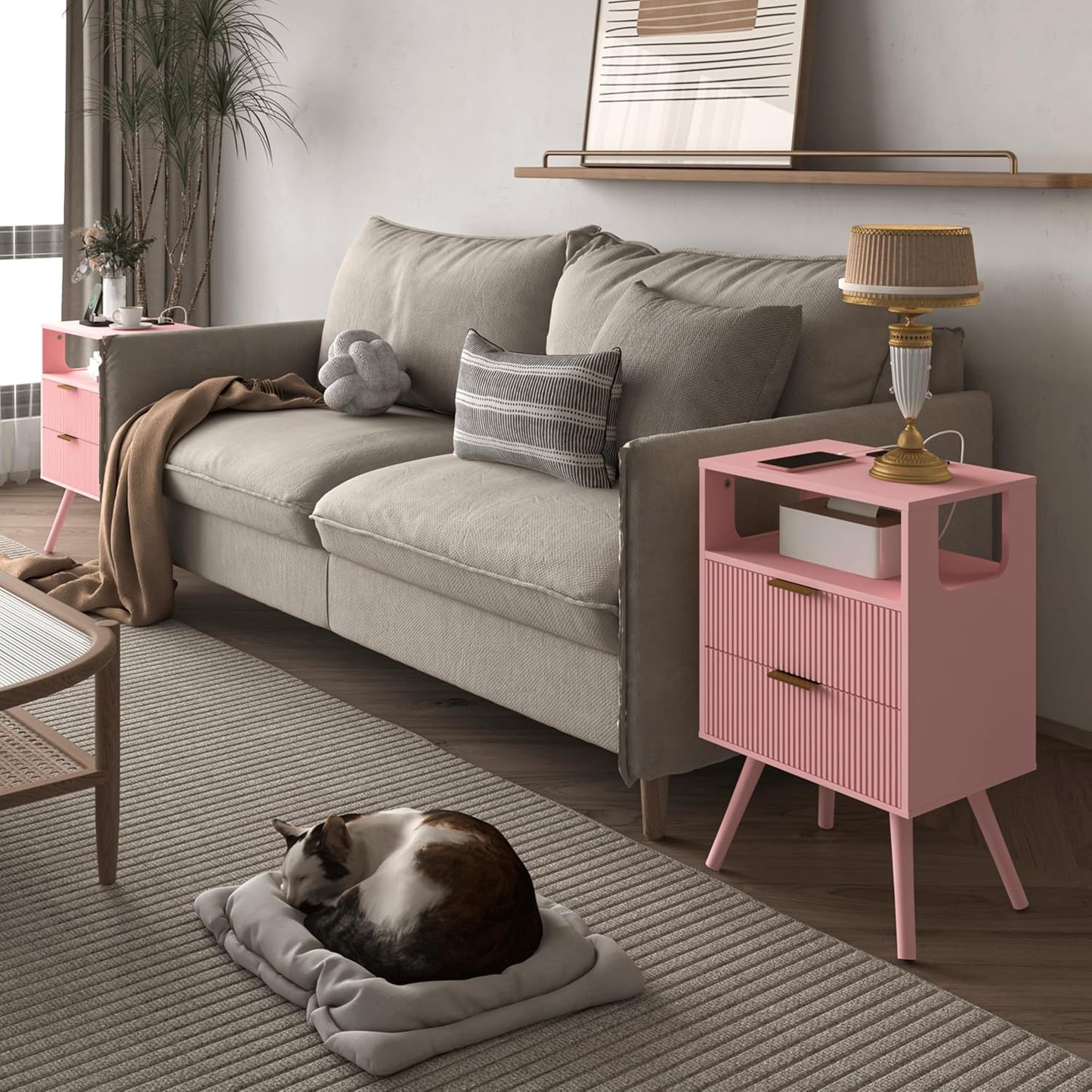 Pink Nightstand with Charging Station and LED Lights,Modern Bedside Table with 2 Storage Drawer and