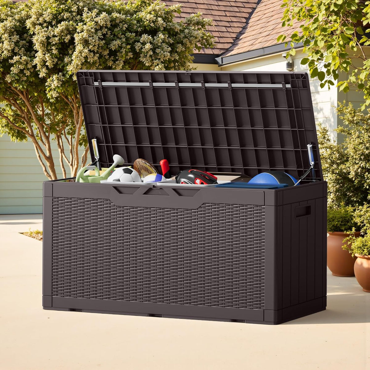 Greesum 100 Gallon Resin Deck Box Lockable Large Outdoor Storage Boxes for Garden Tools, Patio