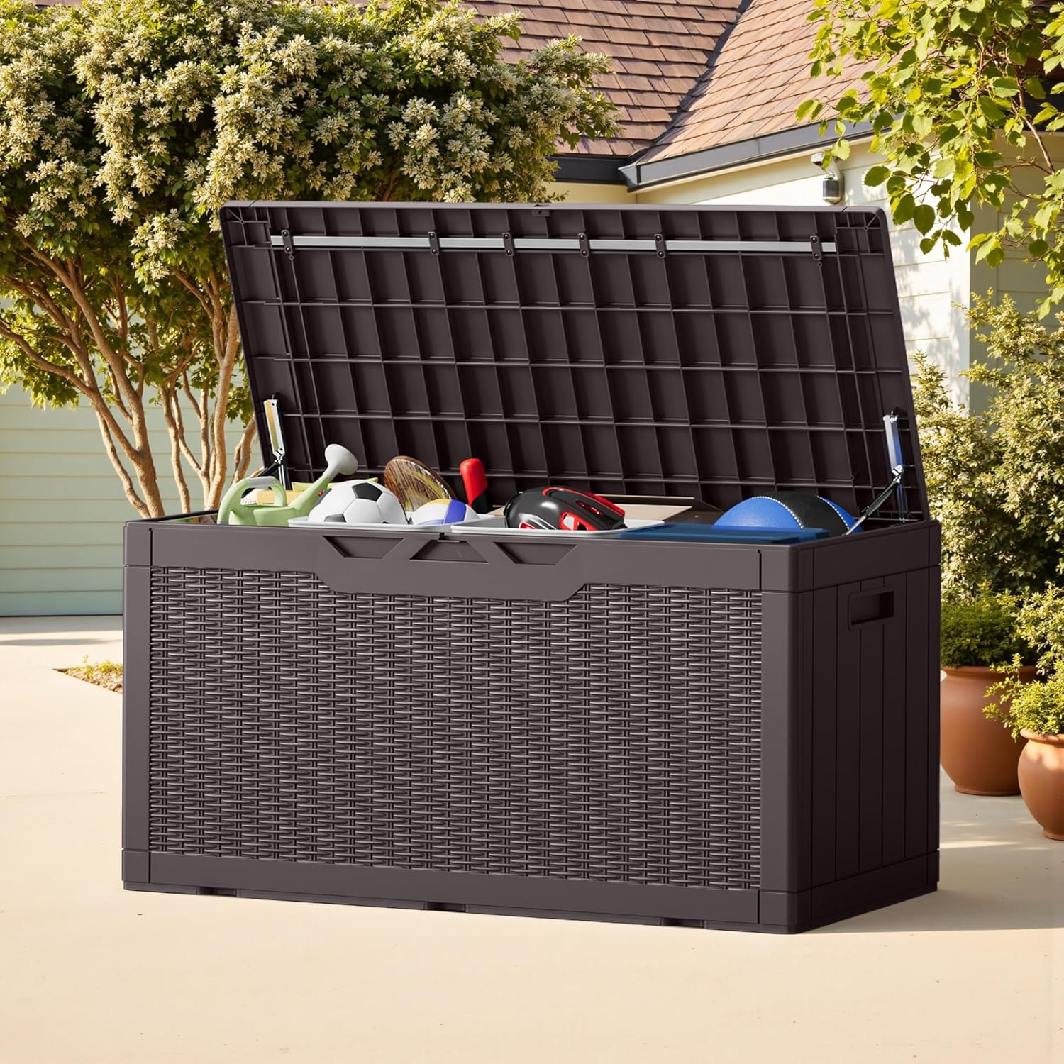 Greesum 100 Gallon Resin Deck Box Lockable Large Outdoor Storage Boxes for Garden Tools, Patio