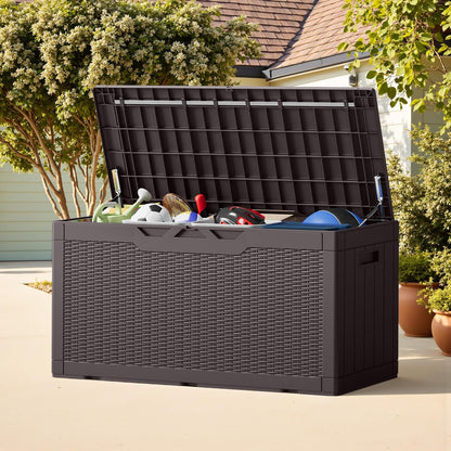 Greesum 100 Gallon Resin Deck Box Lockable Large Outdoor Storage Boxes for Garden Tools, Patio