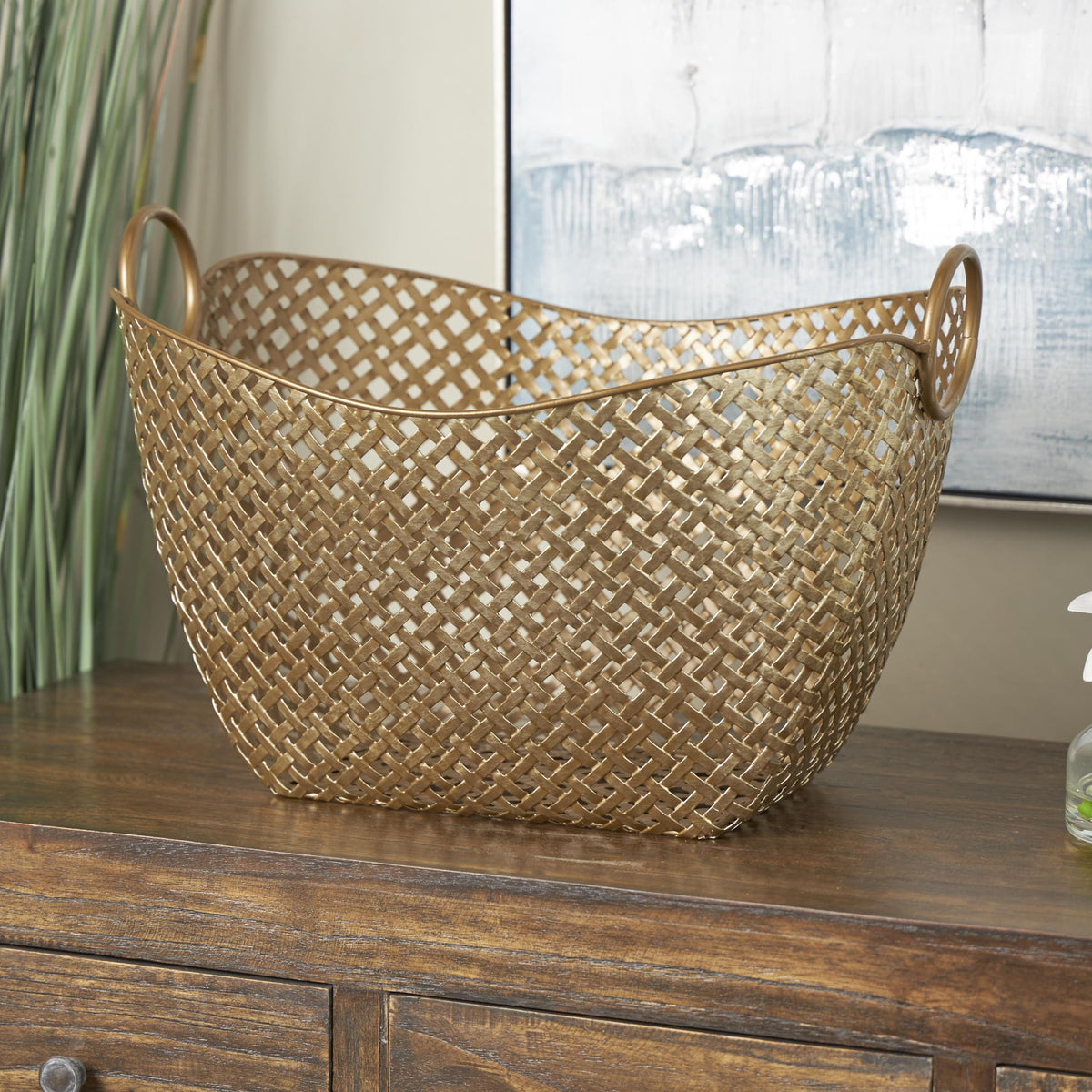 Deco 79 Metal Handmade Decorative and Functional Storage Basket Woven Inspired Basket Organizer
