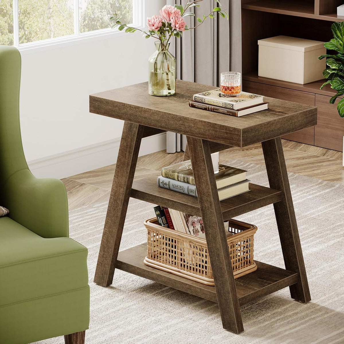 Tribesigns Set of 2 Small Wood Side Table, Farmhouse 3-Tier Narrow Sofa End Table with Storage
