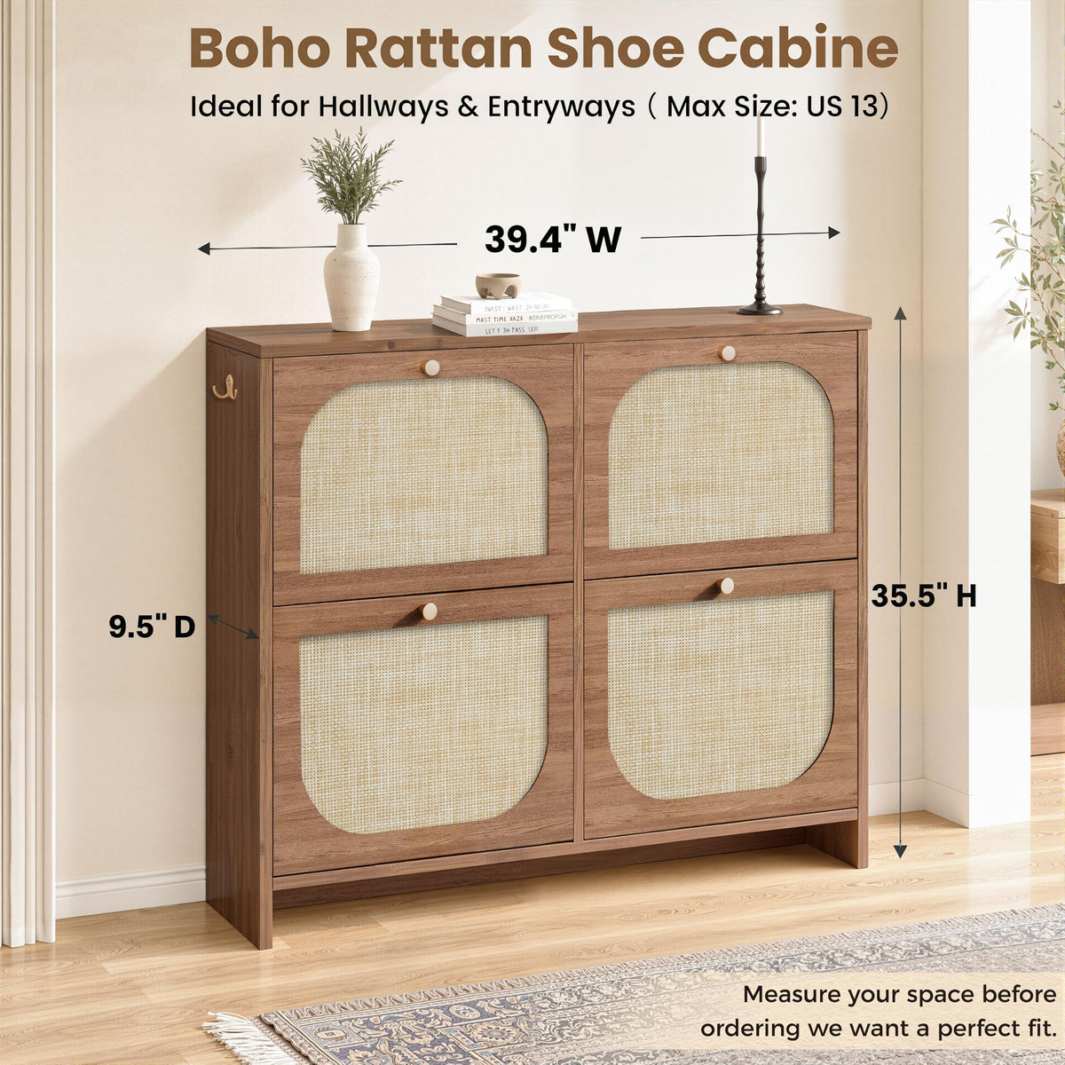 Rattan Shoe Cabinet for Entryway with 4 Flip Drawers, 9.5" Narrow Shoe Rack, Boho Slim Shoe Storage
