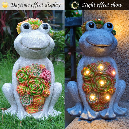 Large Frog Solar Garden Outdoor Statues with Succulent and 8 LED Lights,Outside Solar Frog Art