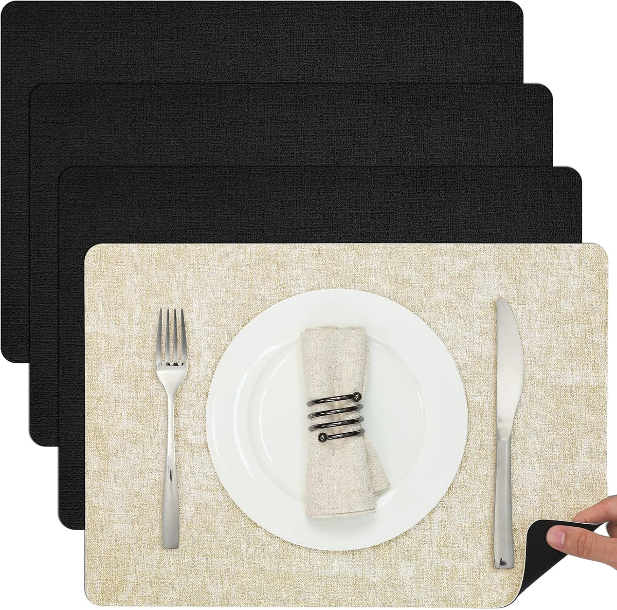 Myir JUN Dual Sided Placemats, Faux Leather Set of 4 for Dining Table Indoor Outdoor, Square