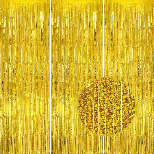 3 Pack Foil Fringe Backdrop - Laser Gold Shiny Tinsel Curtains for Party Decoration/Photo Booth