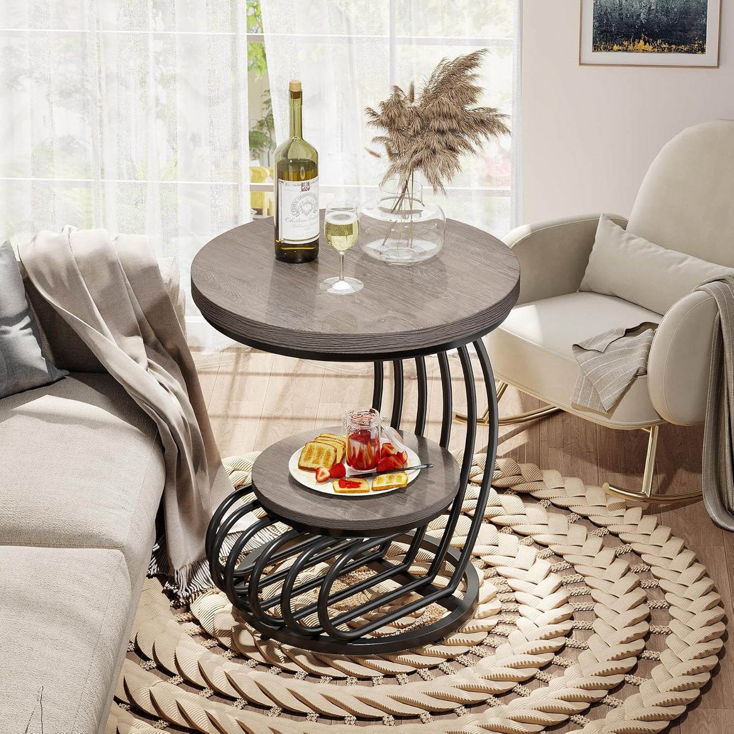 Tribesigns Round End Table: 2 Tiers Wood Side Table with Storage Shelf, Rustic Gray Bedside