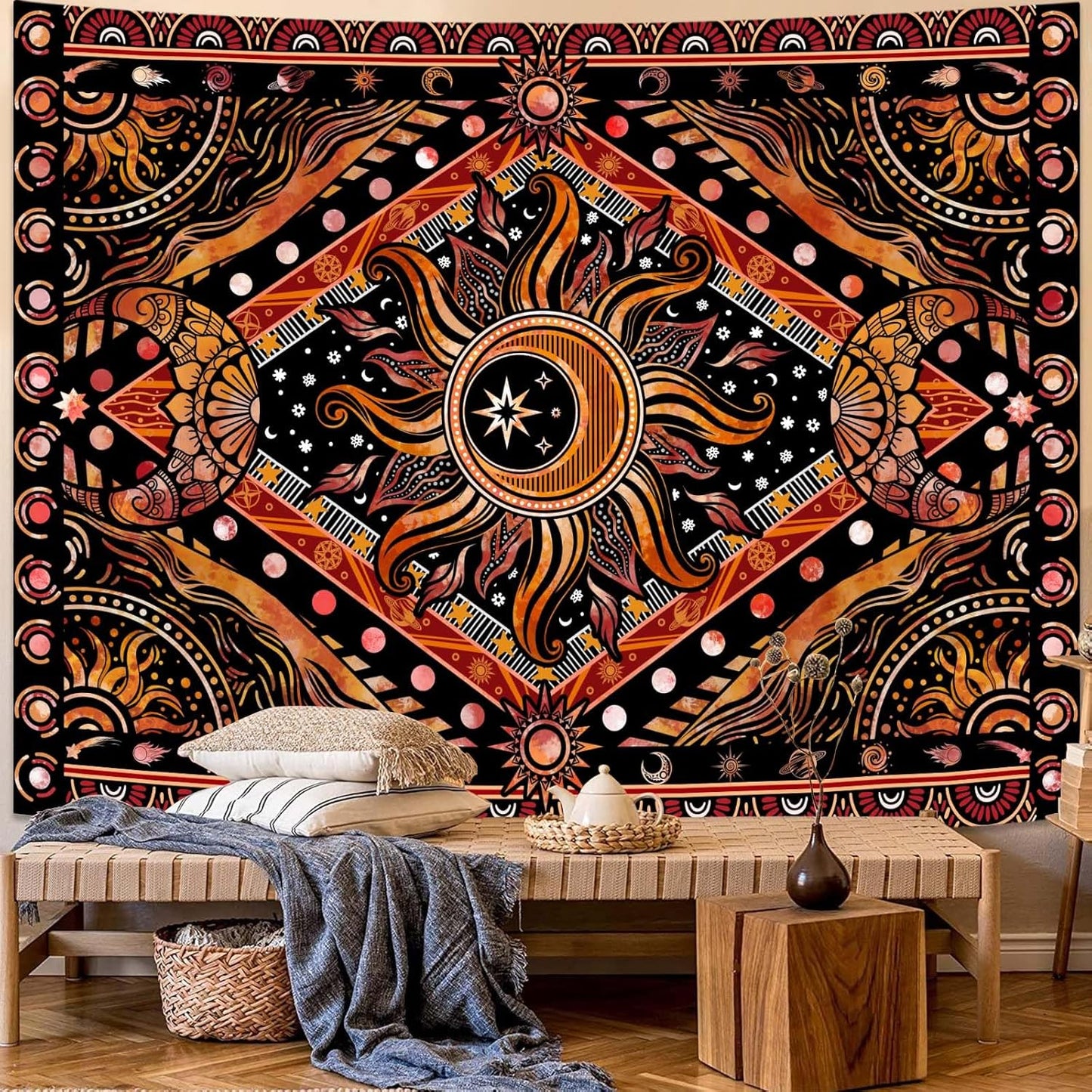 Lunerfex Hippie Sun and Moon Tapestry Bohemian Celestial Tapestry Aesthetic Tapestries for Bedroom