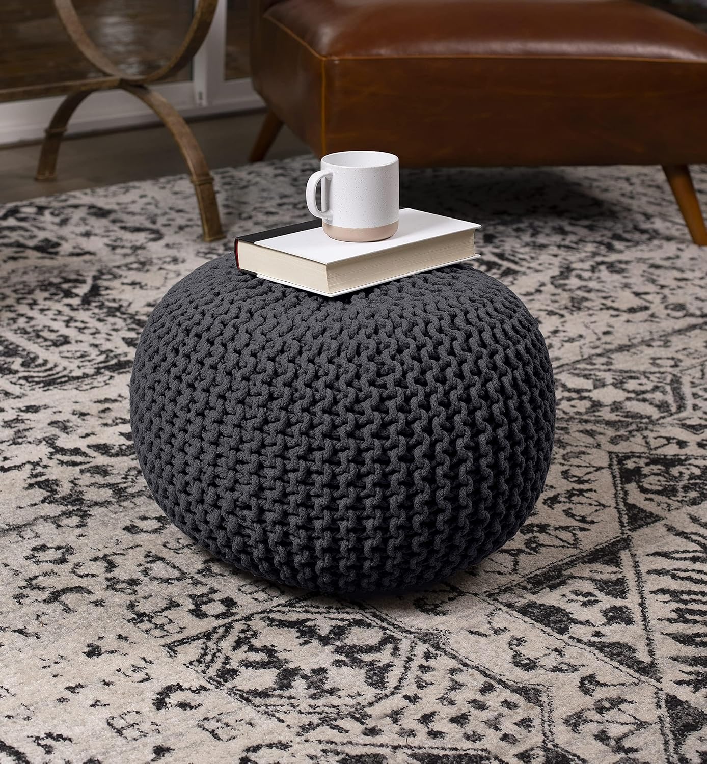 BIRDROCK HOME Round Pouf Ottoman | Cotton Braided Foot Stool with Bean Bag Filling | Boho Foot Rest