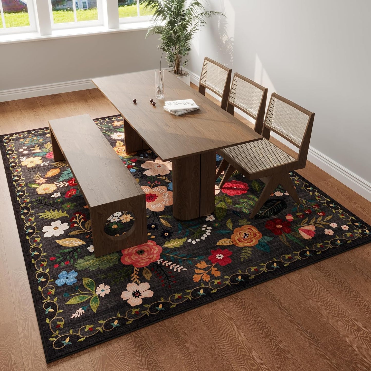 Living Room Rug 6x9 Rug Machine Washable Boho Area Rug Non Slip Floral Vintage Low Pile Large Rug