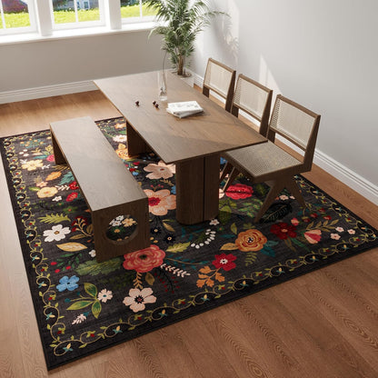 Living Room Rug 6x9 Rug Machine Washable Boho Area Rug Non Slip Floral Vintage Low Pile Large Rug