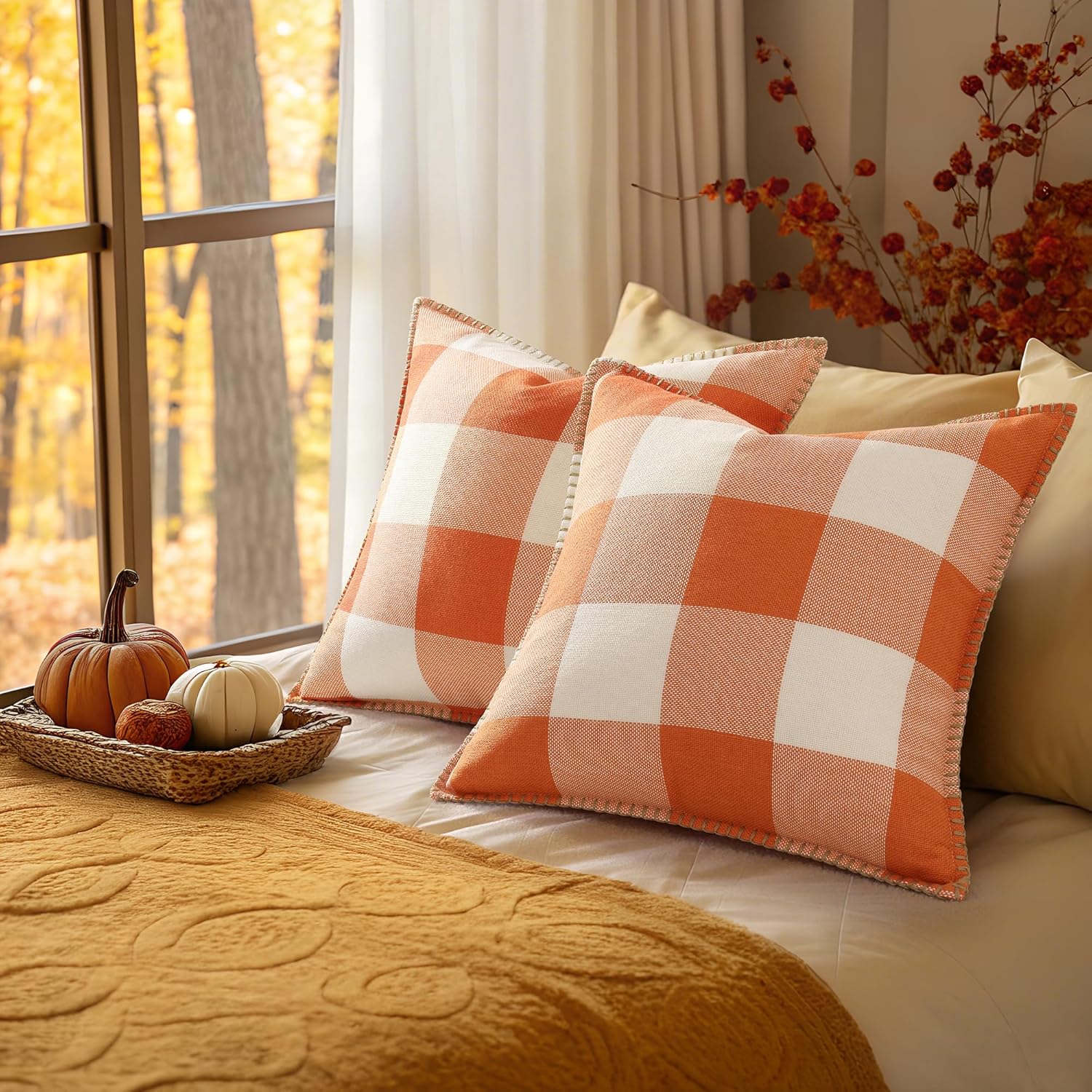 decorUhome Fall Orange and White Decorative Throw Pillow Covers 12x20 Set of 2, Lumbar Buffalo