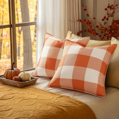 decorUhome Fall Orange and White Decorative Throw Pillow Covers 18x18 Set of 2, Buffalo Plaid Check