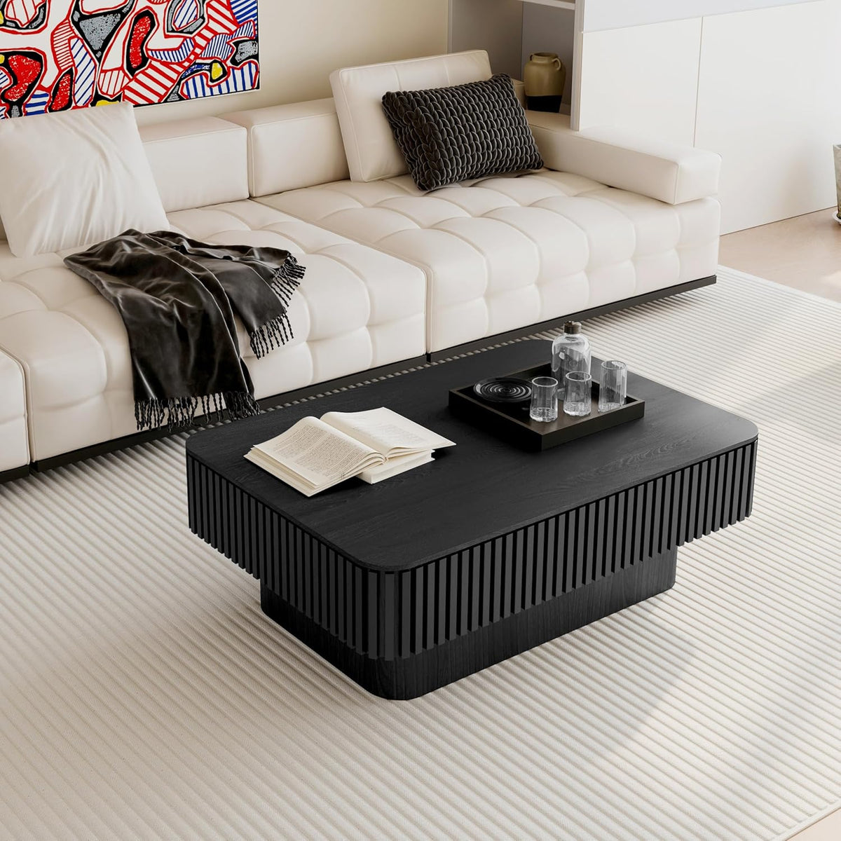 Lift Top Coffee Table with Storage, Solid Wood Coffee Table with Adjustable Height, Fluted Center