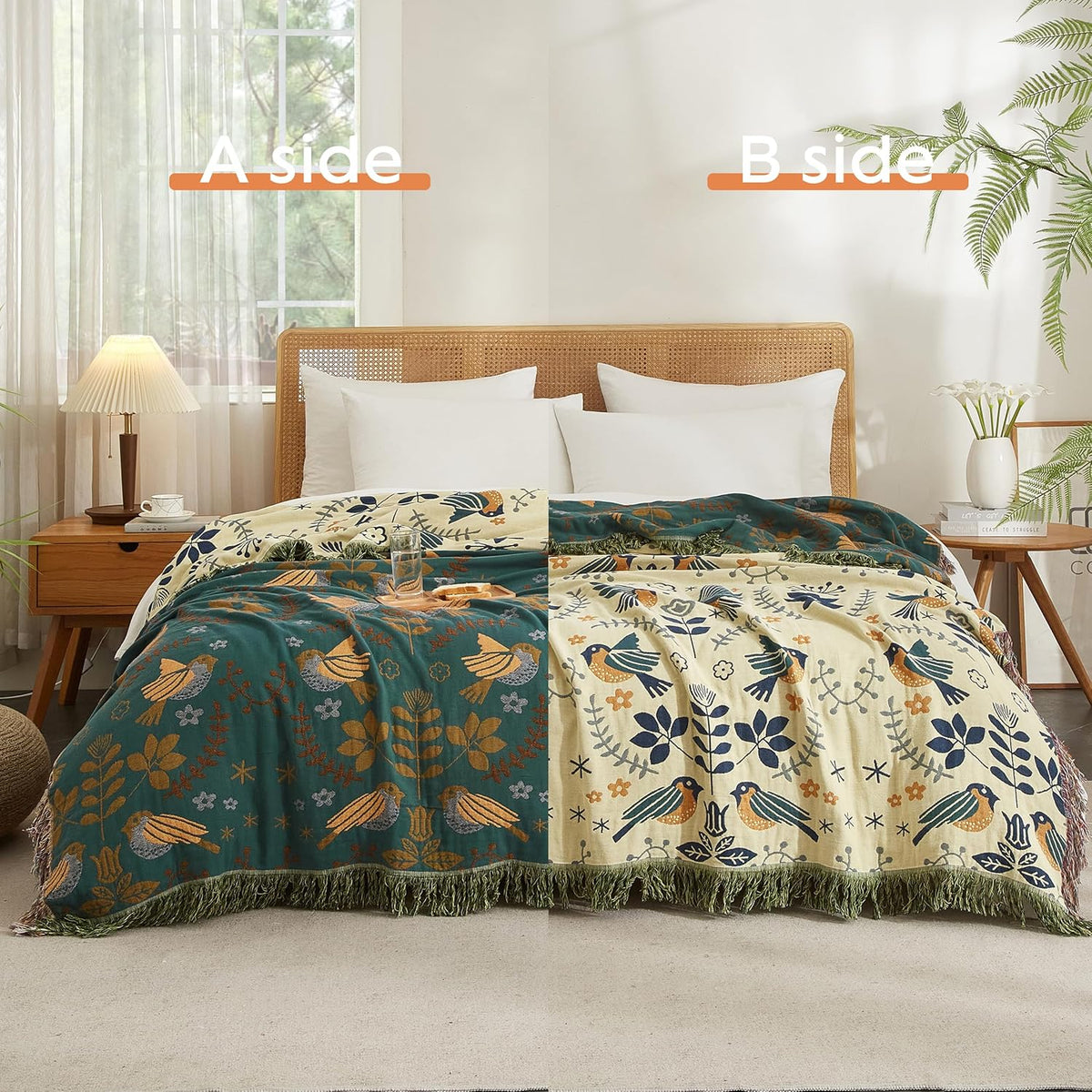 Boho Throw Blanket for Bed 90”x98”, 100% Cotton Woven Blanket for Couch Sofa, Ultra Soft 4-Layer