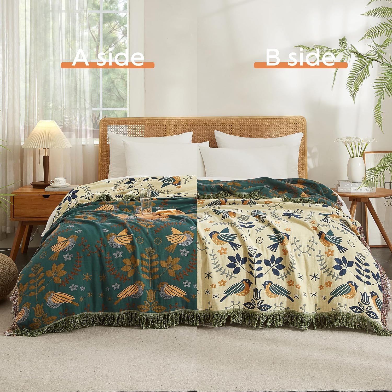 Boho Throw Blanket for Bed 90”x98”, 100% Cotton Woven Blanket for Couch Sofa, Ultra Soft 4-Layer