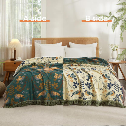 Boho Throw Blanket for Bed 60”x80”, 100% Cotton Woven Blanket for Couch Sofa, Ultra Soft 4-Layer