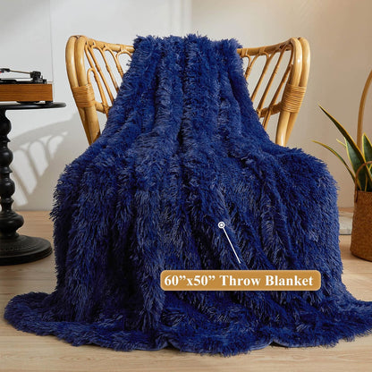 XeGe Luxury Faux Fur Throw Blanket, Blue Soft 50x60 Fluffy Blanket Throw, Shaggy Plush Decorative