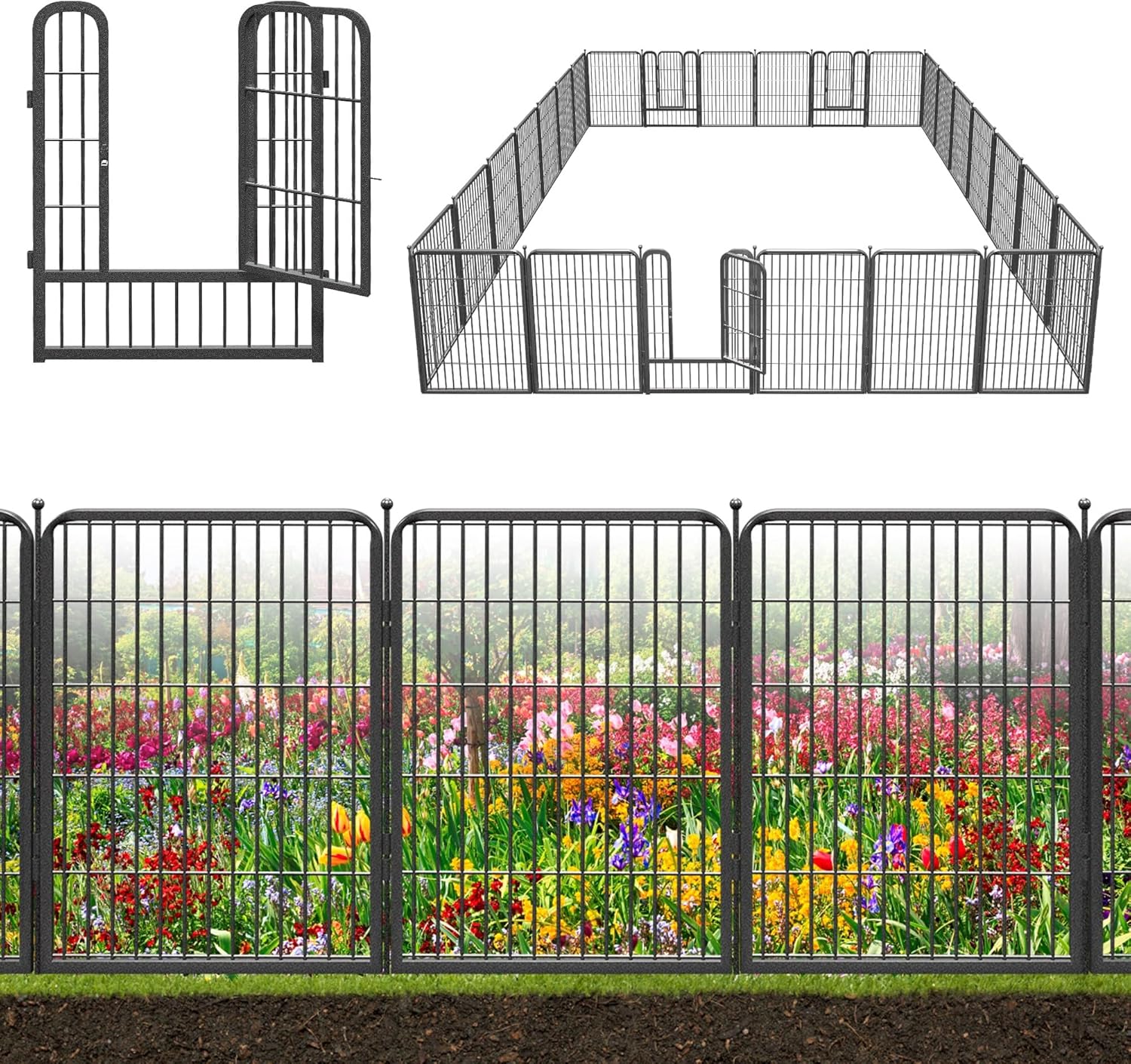 Decorative Black Metal Fencing Garden Fence with Gate, 55ft(L) 32in(H) 24 Fence Panels No Dig Fence