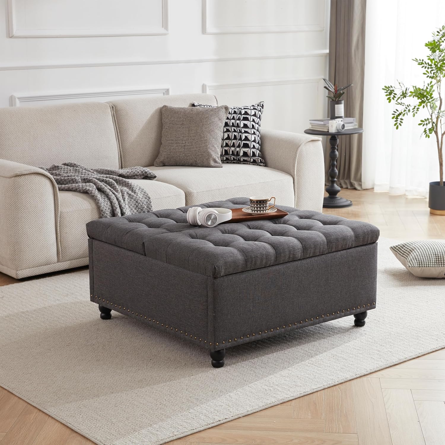 Tbfit Large Square Storage Ottoman Bench, Tufted Upholstered Coffee Table Ottoman with Lift Top &