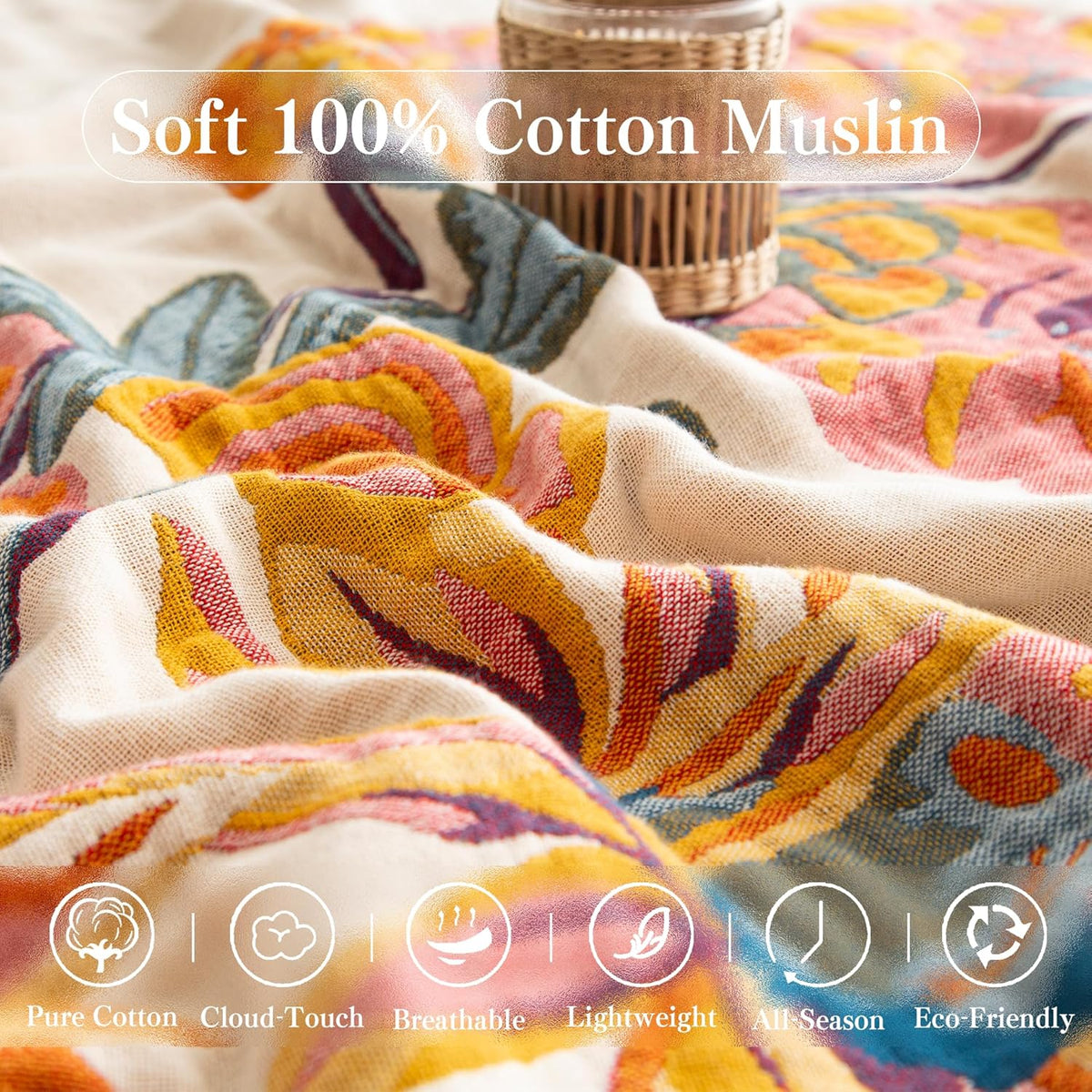 Boho Throw Blanket Full Size, Extra Large Soft Cozy Cotton Muslin Quilt Blanket for Bed Decor