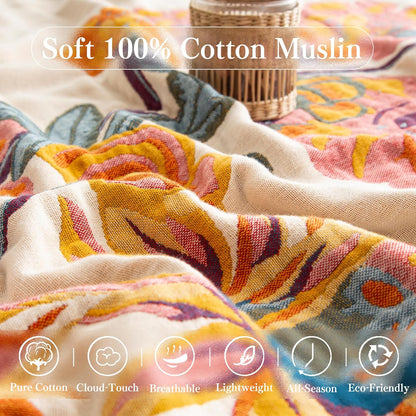 Boho Throw Blanket Full Size, Extra Large Soft Cozy Cotton Muslin Quilt Blanket for Bed Decor