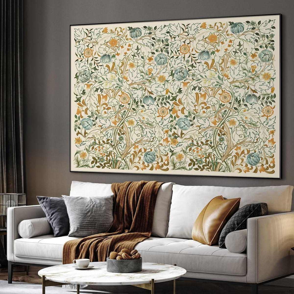 SIGNWIN 60"x72" Extra Large Framed Wall Art Vintage Botanical Floral with Golden and Teal Leaves