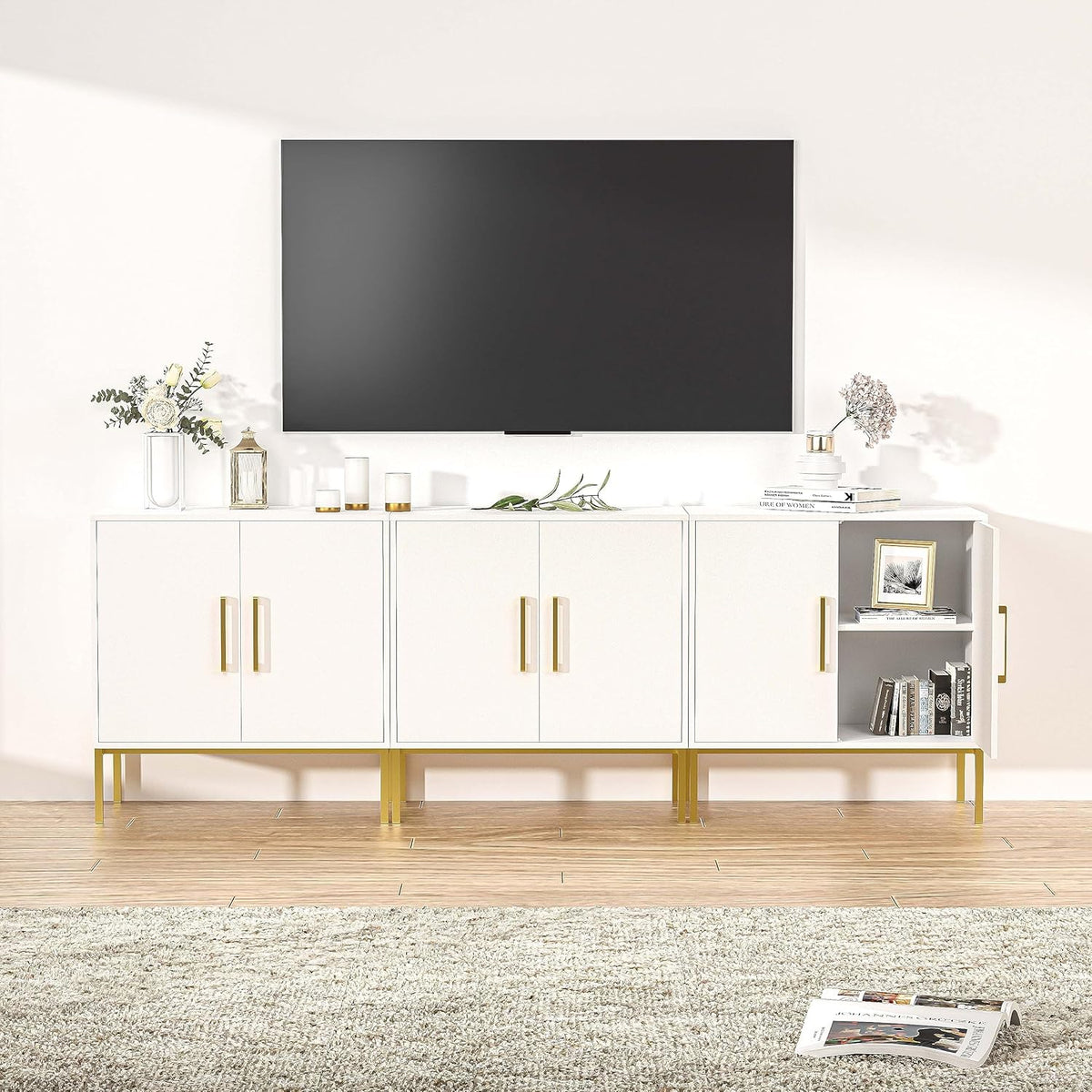 LYNSOM TV Stand for 85 Inch TV, Wood Entertainment Center with Storage Cabinet, TV Cabinet Black