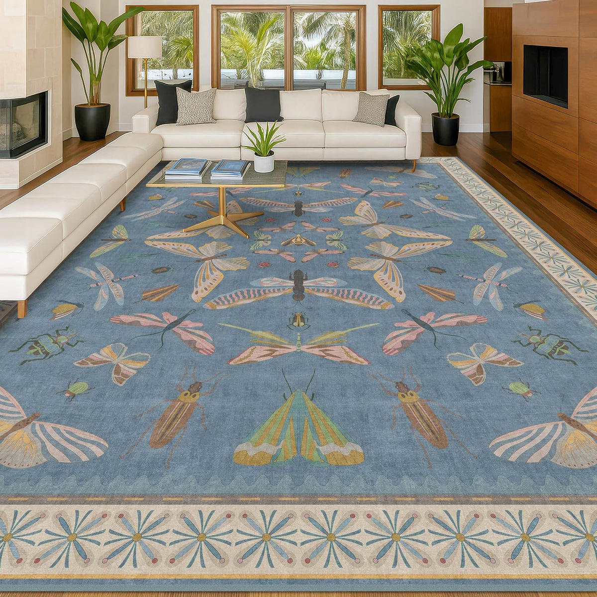 Insect Light Blue Rug for Living Room - 9x12 Cute Rugs for Bedroom, Moth Floral Boho Design, Low