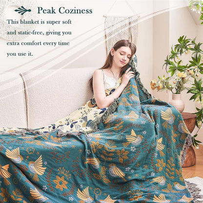 Boho Throw Blanket, 100% Cotton Ultra Soft Luxury Throw Rustic Quilt, 60"x80" Floral Printed