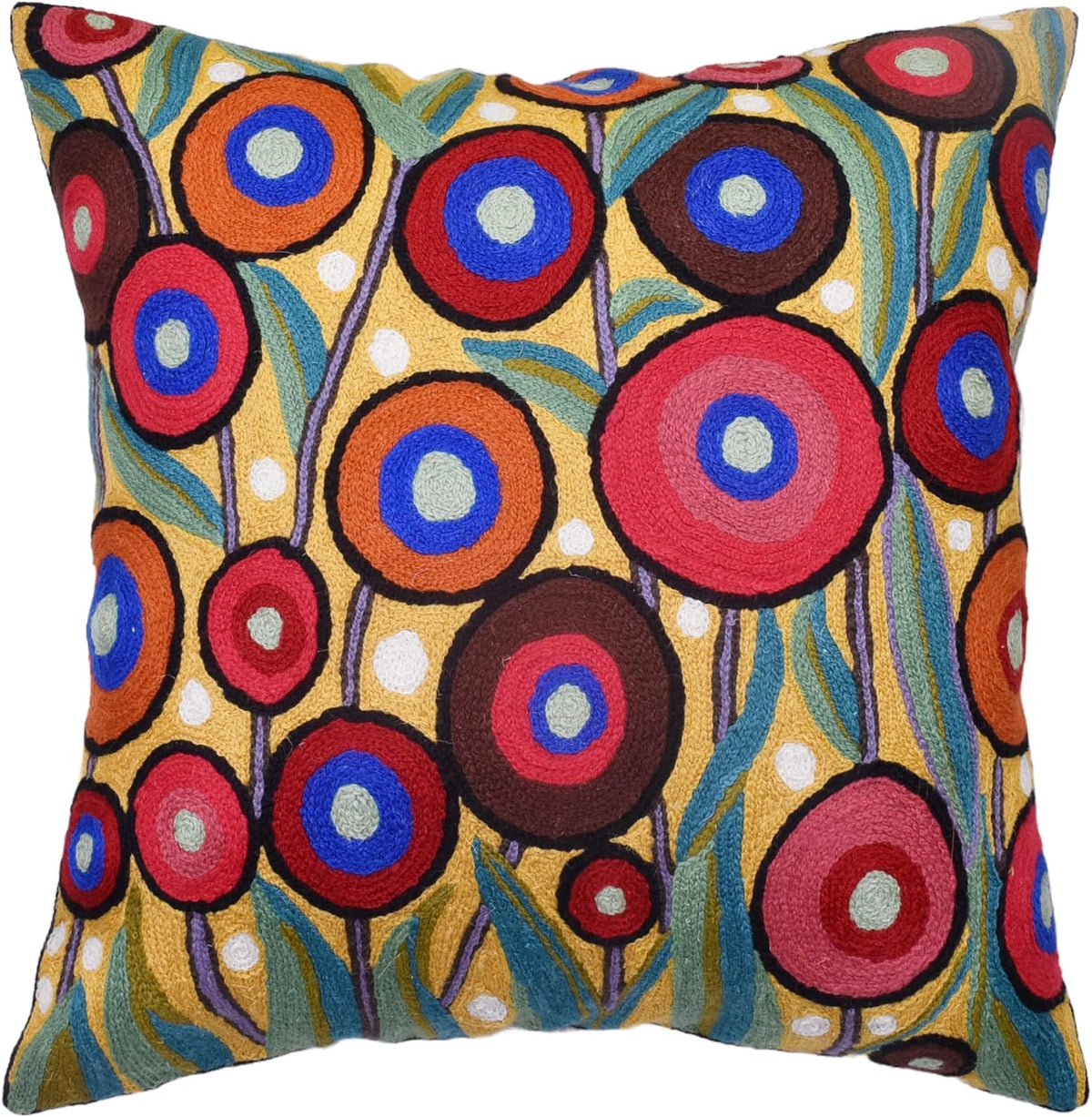 Yellow Floral Poppy Pillow Cover - Red Floral Outdoor Pillowcase - Suzani Accent Pillow - Flower