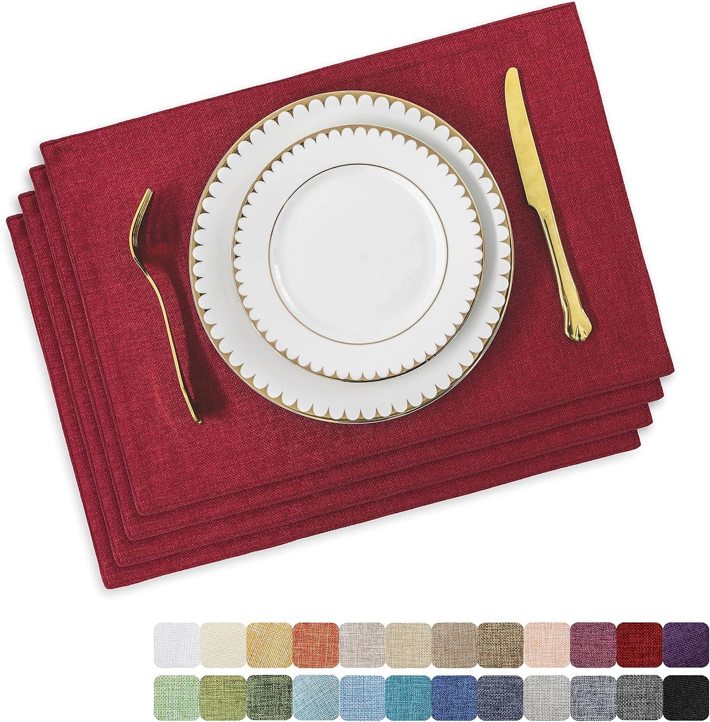 Home Brilliant Cloth Placemats Set of 4 Red Linen Placemats for Dinner Heat Resistant Dining Table