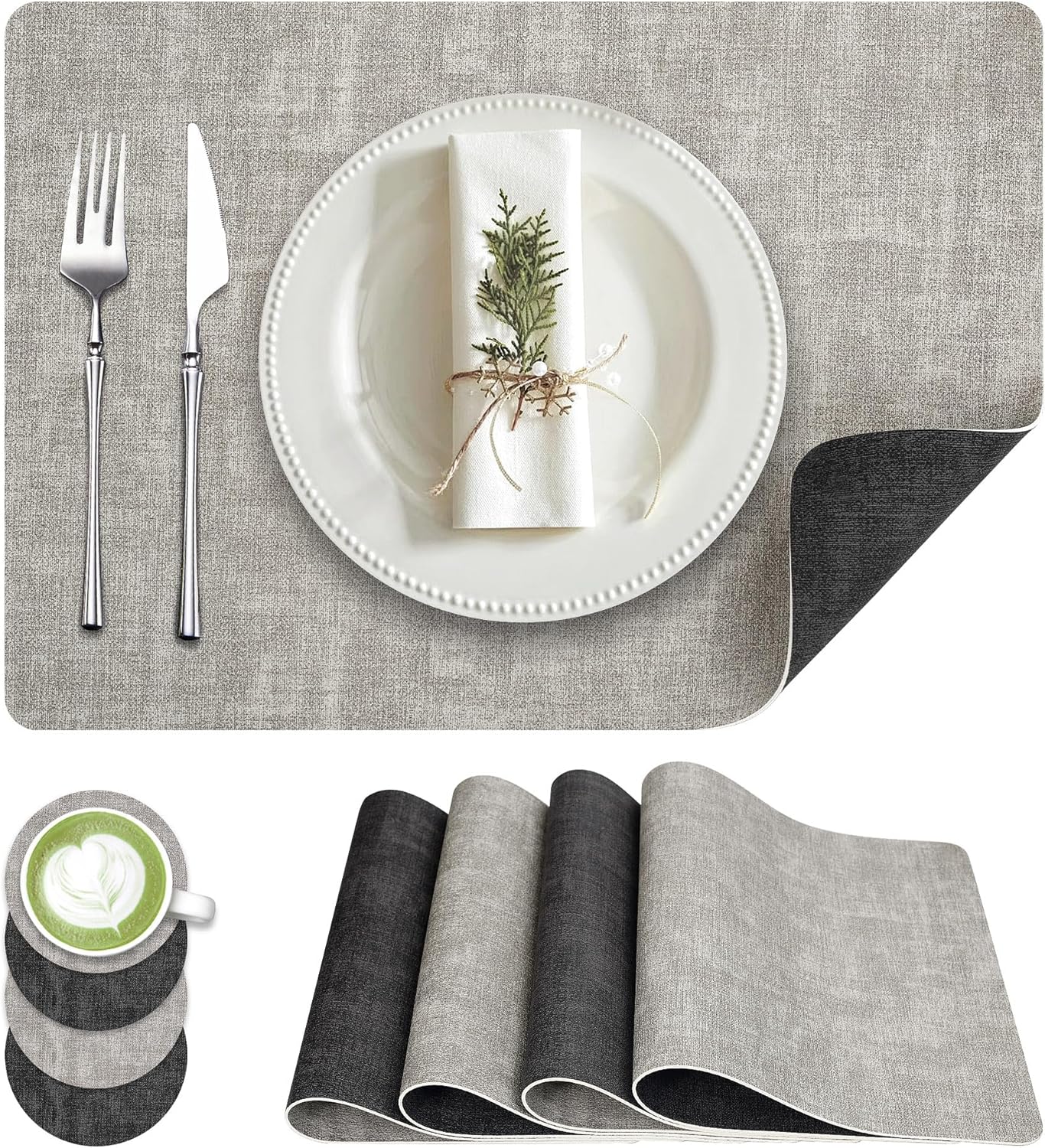 Faux Leather Dual Sided Placemats Set of 4, Square Non-Slip Heat Resistant Placemats with Coaster