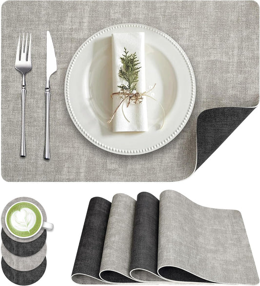Faux Leather Dual Sided Placemats Set of 4, Square Non-Slip Heat Resistant Placemats with Coaster