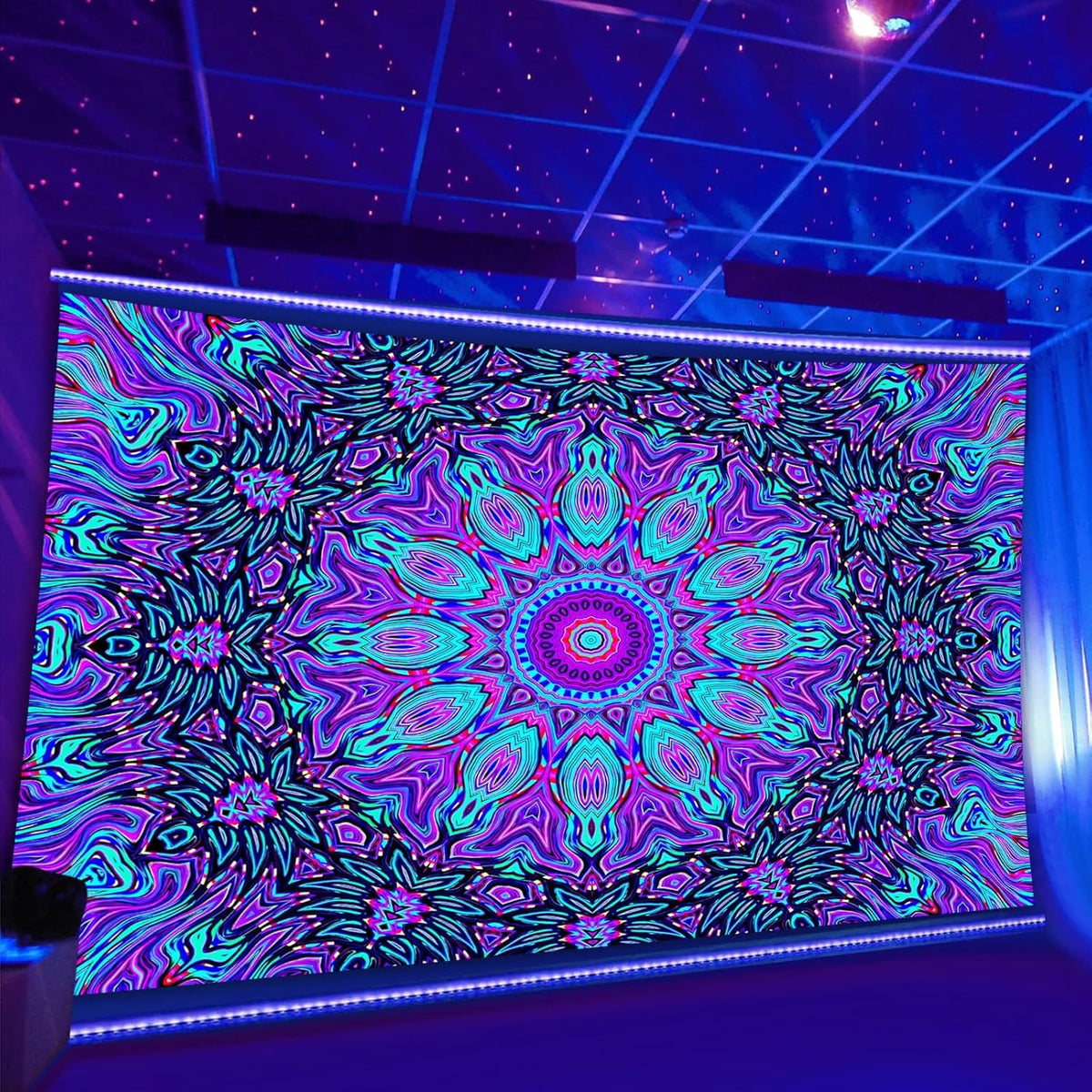 PSYHILAR Blacklight Mandala Tapestry for Bedroom, Psychedelic Black Light Posters for Adults and