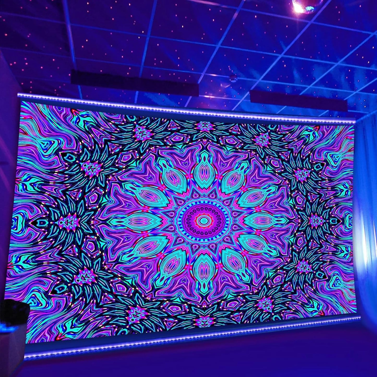 PSYHILAR Blacklight Mandala Tapestry for Bedroom, Psychedelic Black Light Posters for Adults and