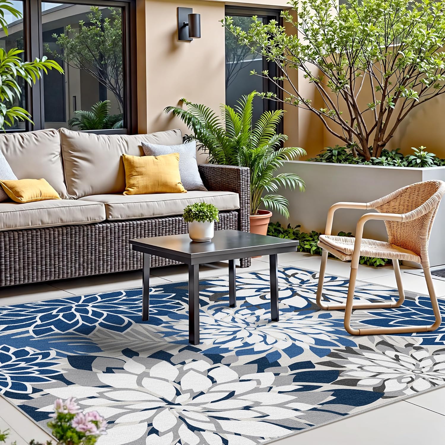 Indoor Outdoor Area Rug Washable Multicolored Patio Rug Tropical Botanical Modern Floral Indoor
