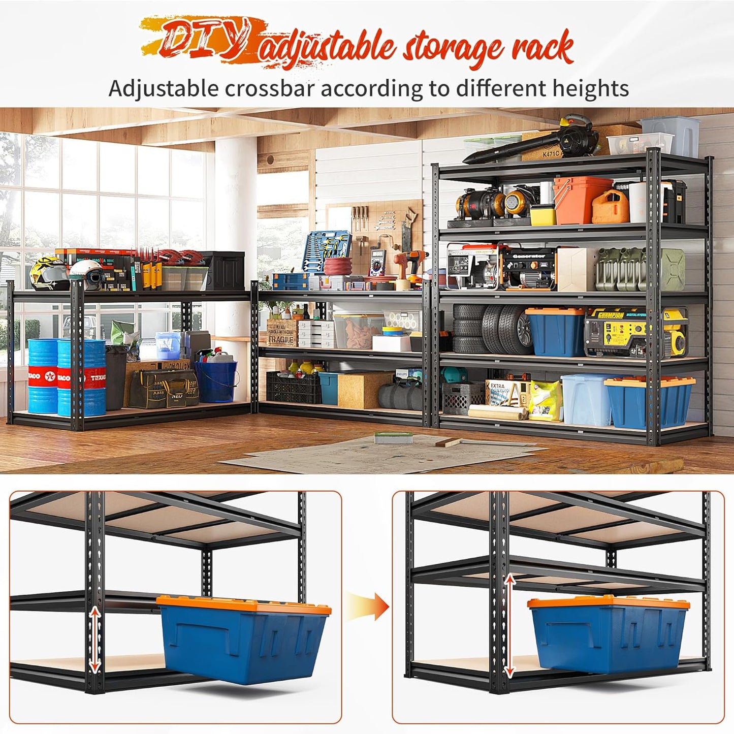 REIBII 48" W Garage Shelving Heavy Duty 3020LBS Storage Shelves 5 Tier Heavy Duty Shelving