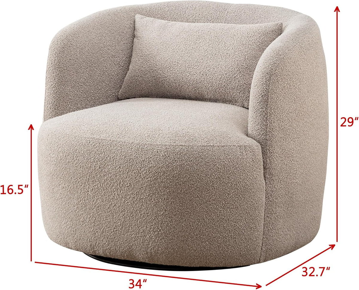 KINWELL 34" Wide Boucle Swivel Barrel Chair, No Assembly Round Upholstered Armchair Accent Chair