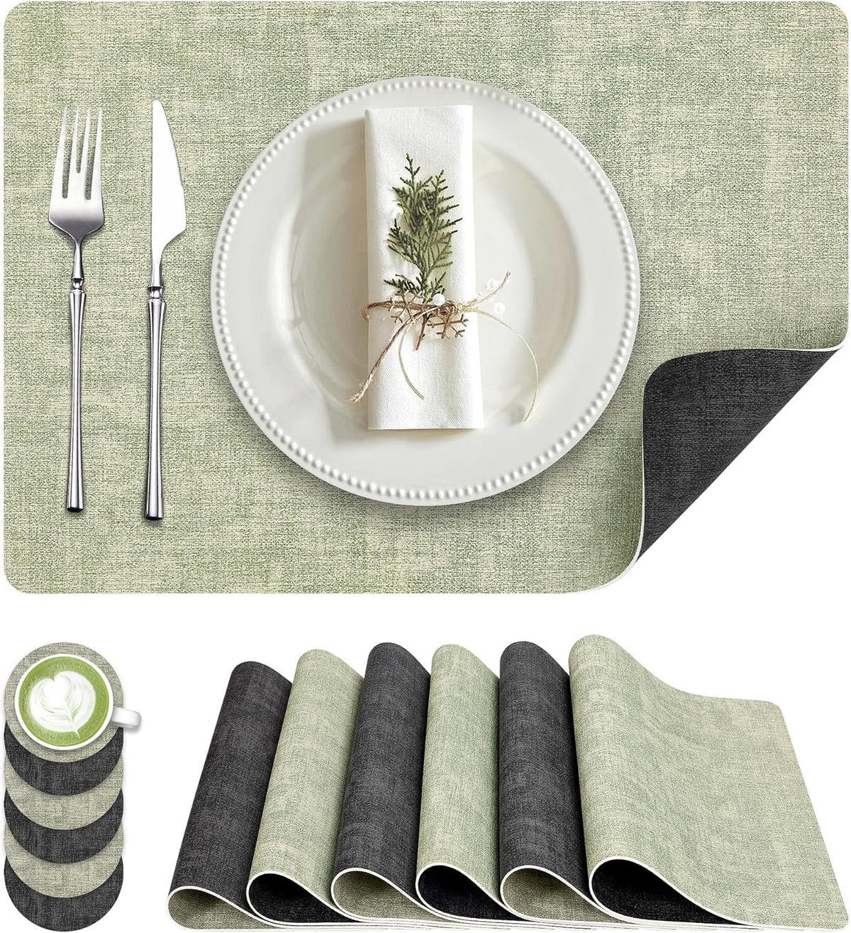 Faux Leather Dual Sided Placemats Set of 6, Square Non-Slip Heat Resistant Placemats with Coaster
