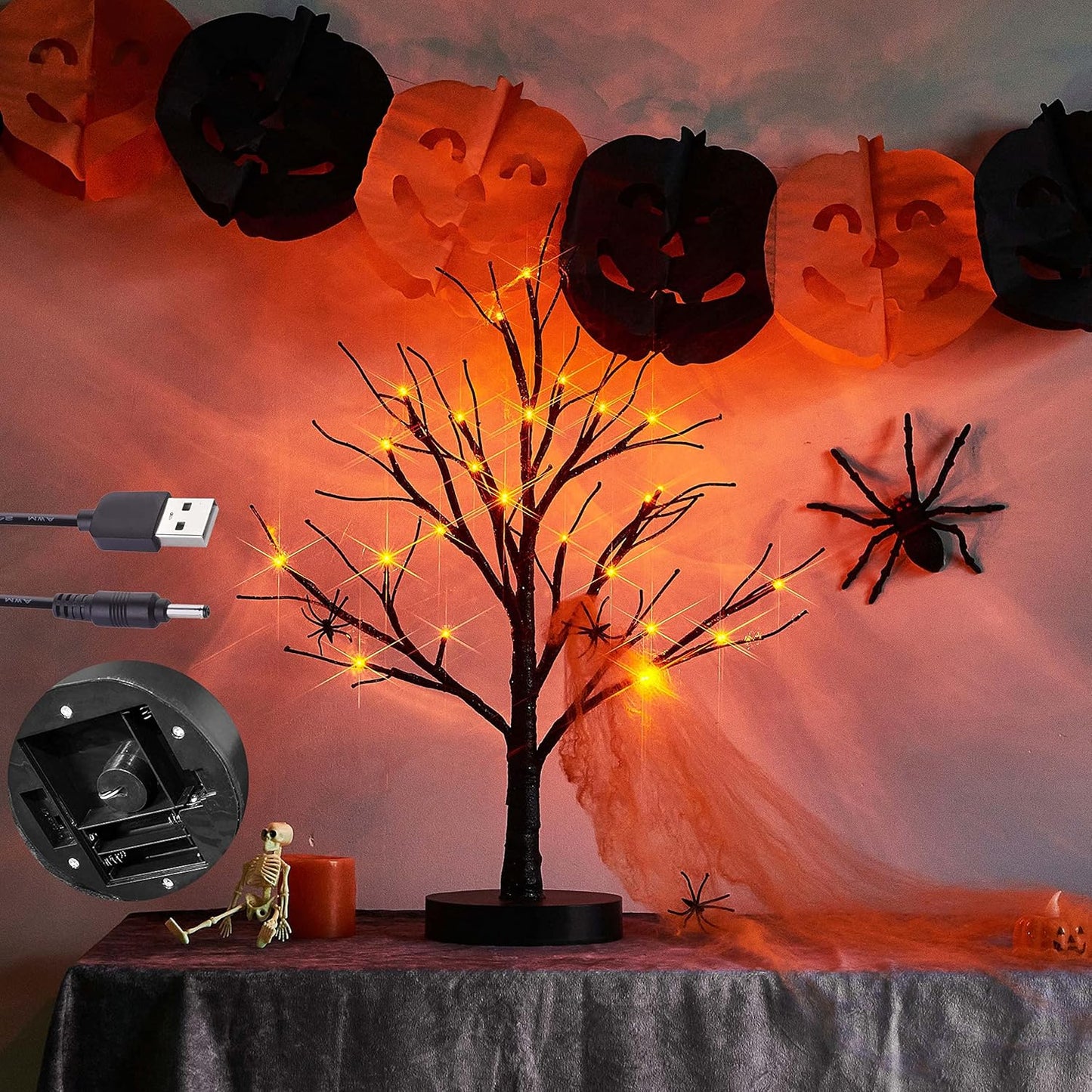Hairui Lighted Tabletop Black Glittered Spooky Tree with Orange Lights 24 LED 18 Inches for
