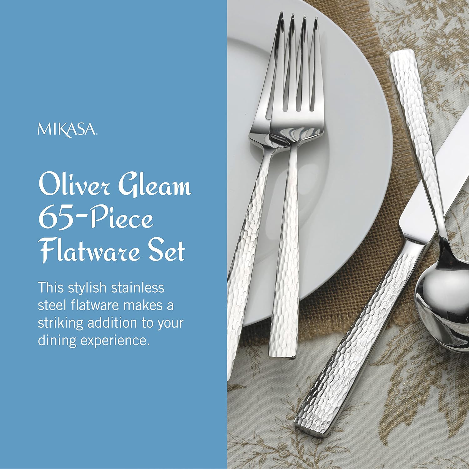 Mikasa, Oliver Gleam Flatware Service for 12, 65 Piece Set, 18/10 Stainless Steel, Silverware Set