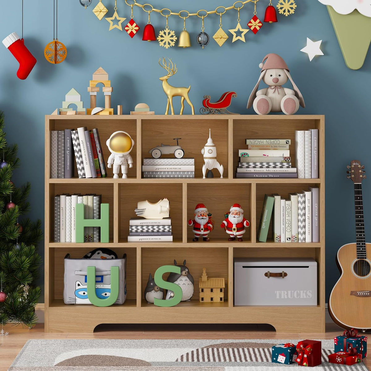 Book Shelf Set of 2, 10 Cubes Storage Organizer, 3-Tier Open Bookshelf Wooden Bookcase