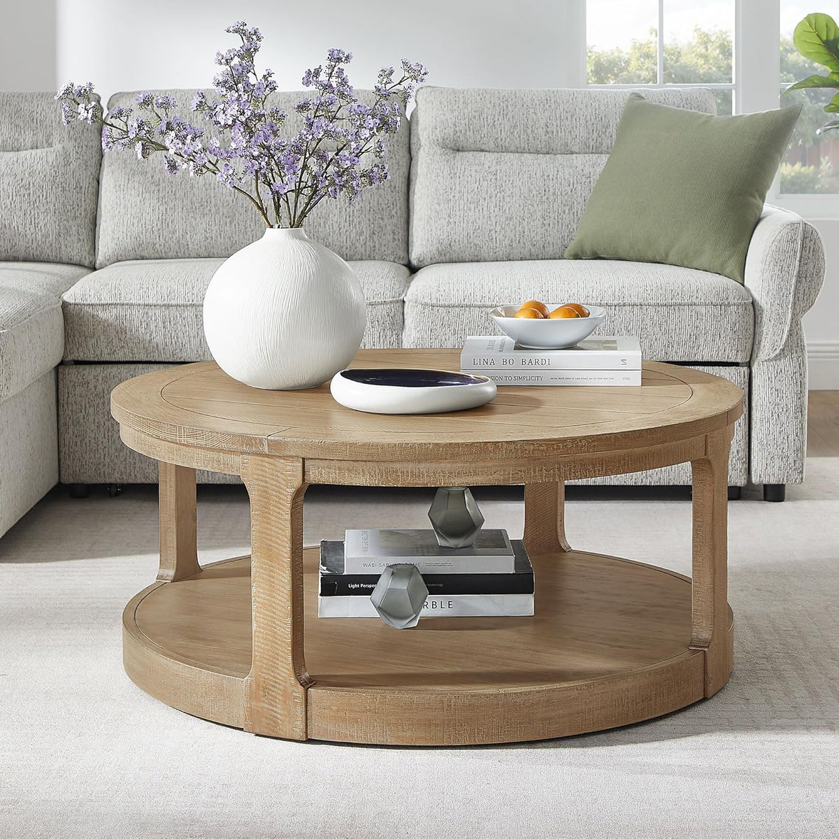 WILLIAMSPACE 40" Round Coffee Table with Wheels, Circle 2 Tier Solid Wood Center Coffee Table, Mid