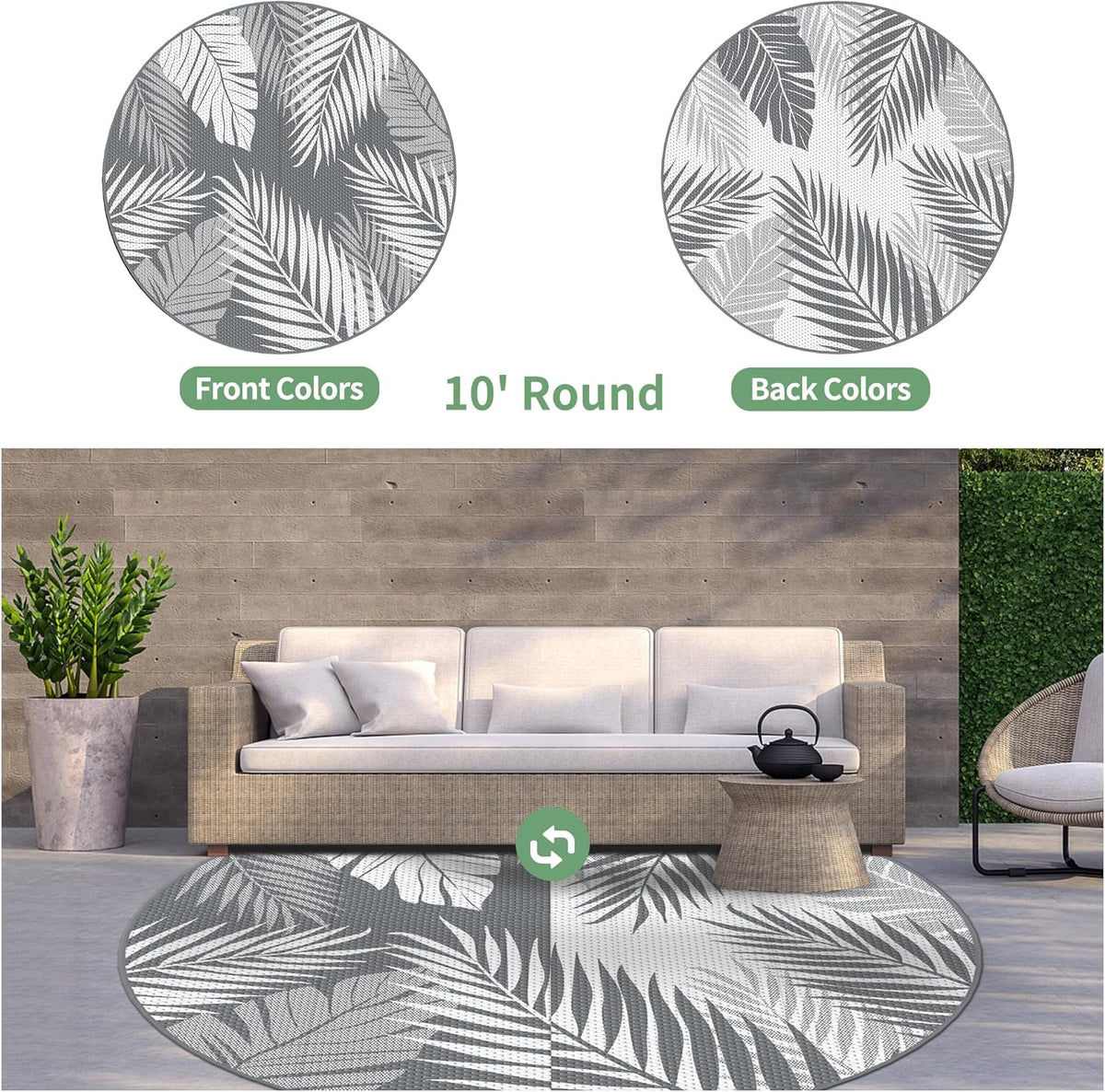 GENIMO Outdoor Rug 10' Round Waterproof for Patios Clearance, Reversible Outdoor Plastic Straw